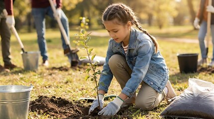 A young volunteer planting a tree with her community