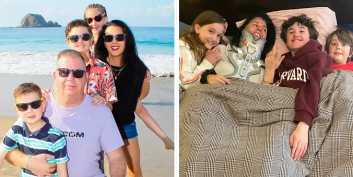 Tamara Polo with her family before and during her recovery